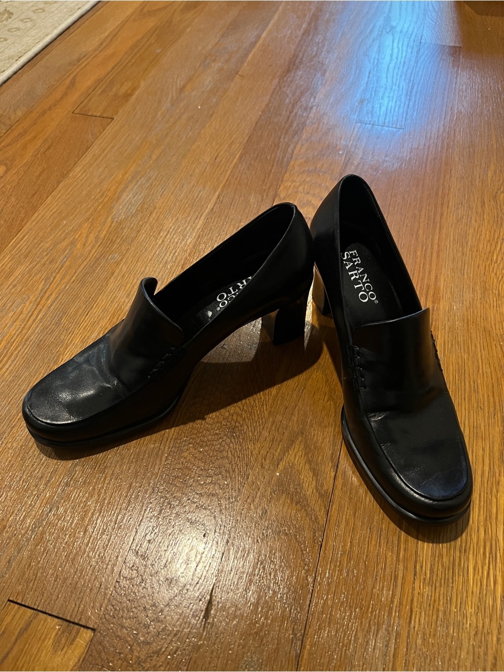 Franco Sarto Black Leather Block Heel Loafers with Square Toe
